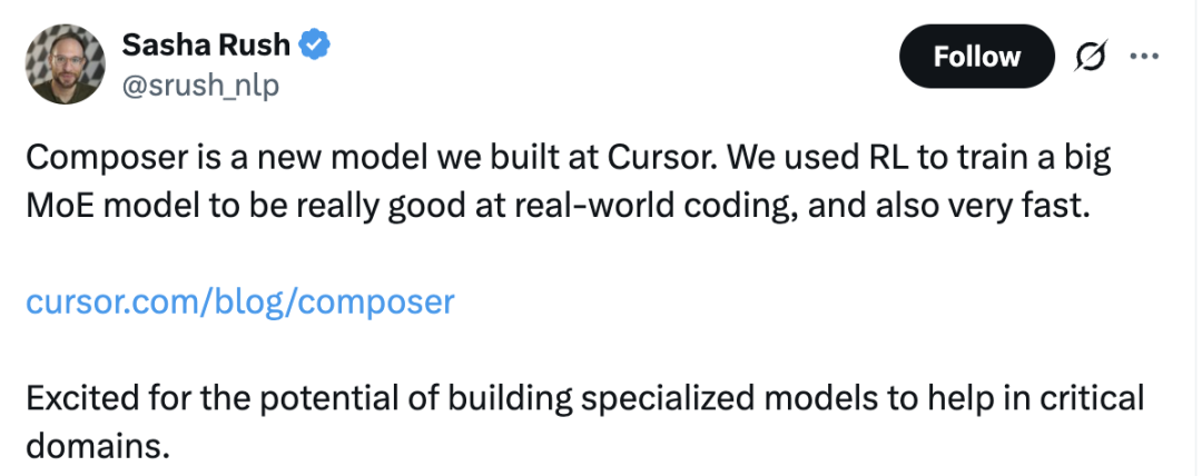 Cursor发布首个编程大模型!代码生成250tokens/秒,强化学习+MoE架构 Cursor发布首个编程大模型!代码生成250tokens/秒,强化学习+MoE架构