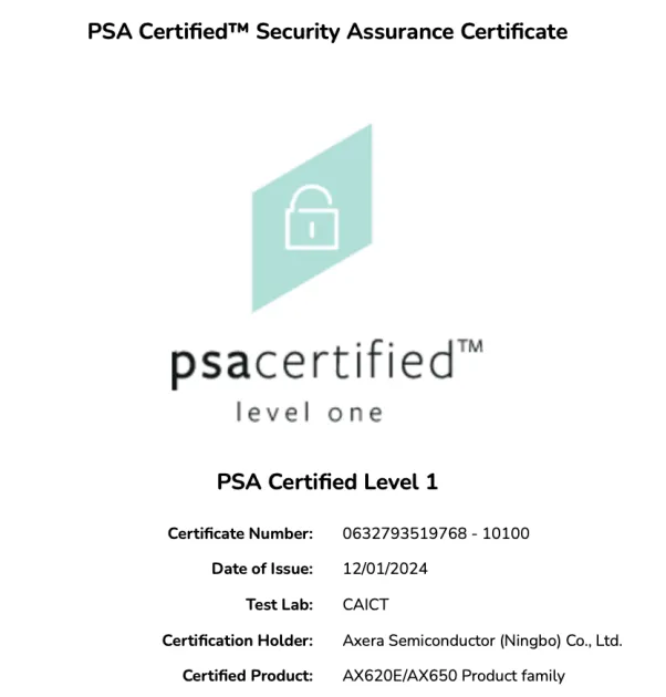 爱芯元智AX620E/AX650系列芯片通过PSA Certified安全认证