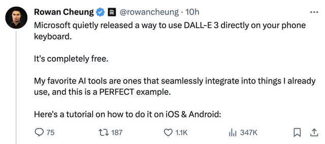 微软把DALL-E 3集成到键盘,任何APP中都可生图!
