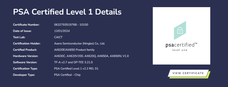 爱芯元智AX620E/AX650系列芯片通过PSA Certified安全认证