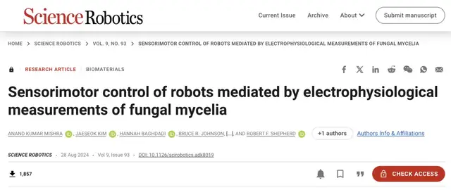 用杏鲍菇控制机器人运动!康奈尔等新研究登Science子刊