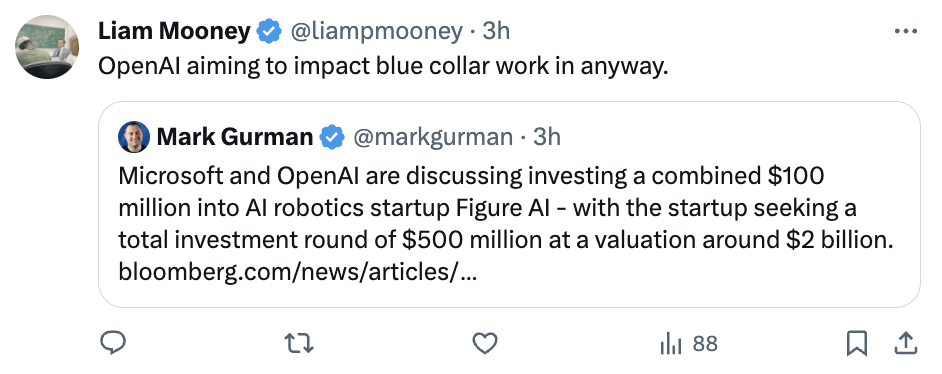 微软OpenAI计划1亿美元投向人形机器人，网友纷纷喊话马斯克